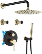 Shower Faucet Set Black and Brushed Gold 10'' Rainfall Shower System