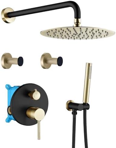 Shower Faucet Set Black and Brushed Gold 10'' Rainfall Shower System