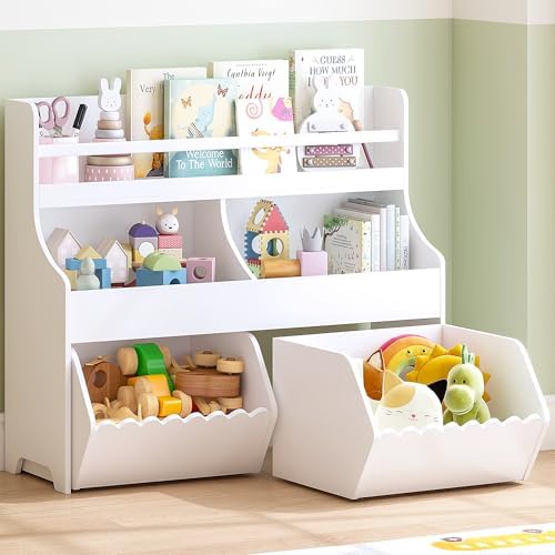 Spirich Kids Bookshelf with Bookcase and Roll-Out Toy Storage Organizer Box