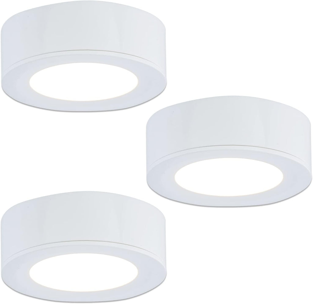 LUMILAND Wired LED Puck Lights 120V (2.7Wx3) Plug-in Lighting Warm White, LED Cabinet Light for Kitchen Can Be Surface Mount or Recess Mount, White