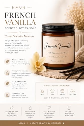 French Vanilla Scented Soy Candle, 7 oz Amber Glass Jar, Warm Vanilla Fragrance for Home, Relaxation & Gifting