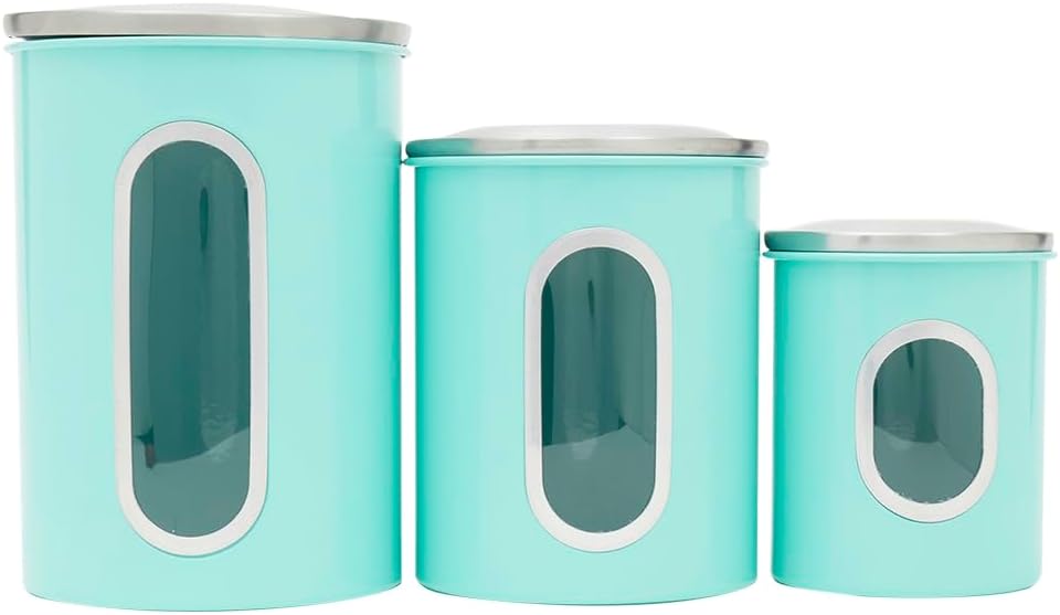 Kitchen Canisters Set For Countertop By Home Basics | Retro-Styled Canisters For Kitchen Counter | Stainless Steel and Glass, See-Through Windows (Turquoise), 4 Pieces