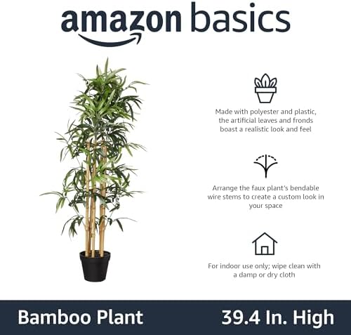 Amazon Basics Artificial Bamboo Plant with Plastic Planter Pot, 39.4", Green, Home Office Decor, Floor Plant