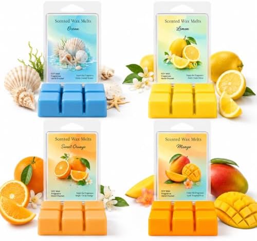 Wax Melt 4 Pack 2.5 Oz Each Wax Melts 10 Oz Total Scented Wax Melt Wax Cubes for Warmer Strong Scent Wax Melt Home Fragrance Candle Melts Wax Warmer Cubes Lemon, Sweet Orange, Ocean, Mango