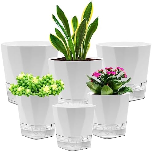 6 Pack Self Watering Plant Pot, 6.6/5 Inch Plastic Self Watering Pots for Indoor Outdoor Plants African Violet Pots Easy Plant Self Watering Pot with Wick Rope for Plants Flowers