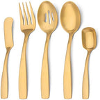 Bysta Serving Utensils Set, Matte Gold 5-Piece Hostess Set, Stainless Steel Silverware Flatware Cutlery Serving Set, Satin Finish, Dishwasher Safe