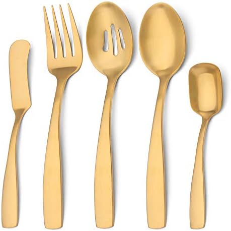 Bysta Serving Utensils Set, Matte Gold 5-Piece Hostess Set, Stainless Steel Silverware Flatware Cutlery Serving Set, Satin Finish, Dishwasher Safe