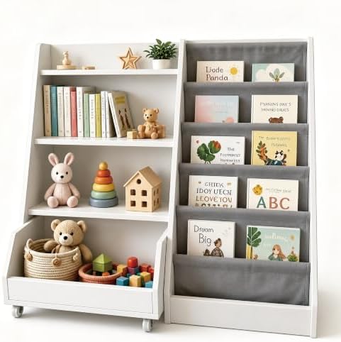 Kids Bookshelf and Toy Storage - Wooden Toddler Book Shelf with Drawer