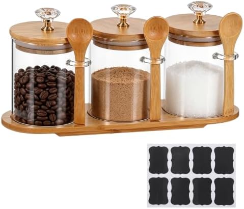 3 Pcs Glass Coffee Container with Lids Spoons Spice Jar Labels Tray