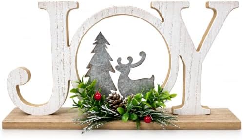 Christmas Table Decorations Joy Farmhouse Christmas Tree Elk Sign Wooden Winter Rustic Decor Vintage Holiday Block for Home Kitchen Xmas Party Mantel Tiered Tray Gift