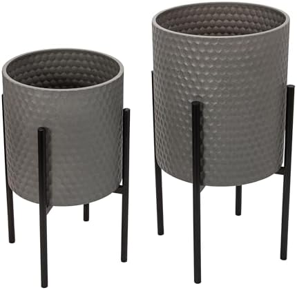 Decorative Flower Pots with Metal Stand for Home Decor - Modern Planters for Hallway, Entryway, and Living Room Decor - Indoor and Outdoor Pots for Plants - Set of 2, 23", 19", Gray & Black