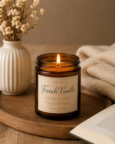 French Vanilla Scented Soy Candle, 7 oz Amber Glass Jar, Warm Vanilla Fragrance for Home, Relaxation & Gifting