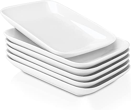 DELLING 8 Inch Rectangular Appetizer Plates Set of 6, Porcelain Salad Dessert Plates White, Small Serving Plates for Sushi Snack, Microwave Oven Dishwasher Safe, Stackable Ceramic Plates