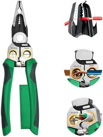 8‑in‑1 Wire Stripper Pliers, Non‑Contact Voltage Tester, Multi‑function electrician pliers for stripping cutting crimping, 12‑250V tester, fits auto HVAC home wiring maintenance, Green&Black