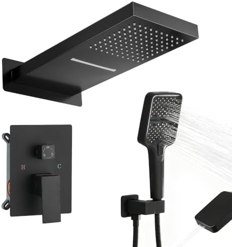 Waterfall Rainfall Shower Faucet Set, Matte Black