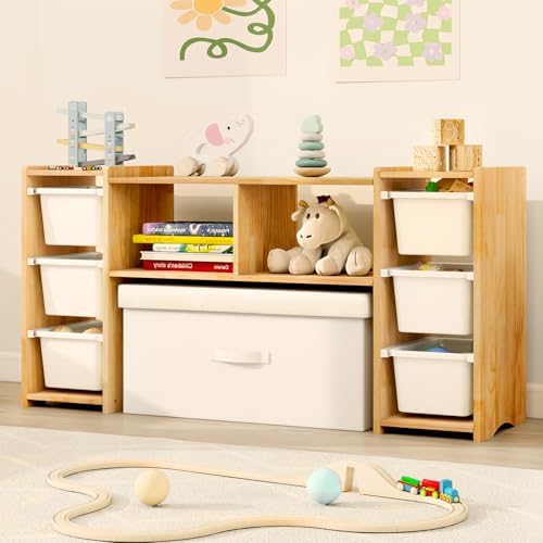Montessori Shelf for Kids - 100% Solid Pine Wood with 6 Removable Plastic Bins, Toy Storage Organizer Cabinet for Playroom, Bedroom & Nursery (Natural)