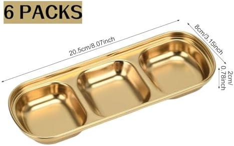 6 Pcs Soy Sauce Dish, Divided Dip Bowls with 3 Compartment, Seasoning Dipping Sauce Plate, Stainless Steel Serving Tray (Golden)