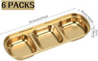 6 Pcs Soy Sauce Dish, Divided Dip Bowls with 3 Compartment, Seasoning Dipping Sauce Plate, Stainless Steel Serving Tray (Golden)