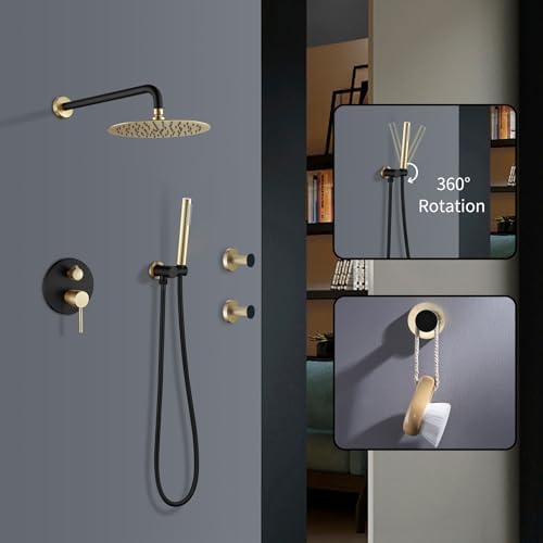 Shower Faucet Set Black and Brushed Gold 10'' Rainfall Shower System