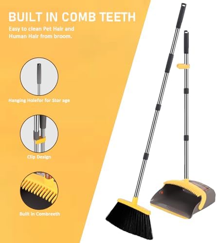 2 Pack is More economical,Brooms with Dustpan Combo Set， with 52" Long Handle, Dustpan Teeth with self-Cleaning Function, Indoor and Outdoor Sweeping, Perfect for Home Office (Large/Yellow/ 2-Pack)