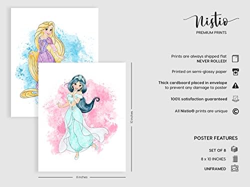 Nistio Princess Nursery Wall Art Prints, Ariel Nursery Poster, Newborn Gift, Cinderella Baby Room Decor For Girls, Princess Cinderella, Rapunzel, Ariel, Belle, Tiana, Jasmine, Set of 8 Prints, 8x10