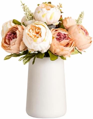 Queen Bee Silk Peony Bouquet with Ceramic Vase Included Large Size 14" Wedding Centerpiece Events Birthday Gift Bridal Baby Shower Floral Arrangement Artificial Fake Flowers (Champagne)