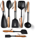 Silicone Cooking Utensils Set, 7PCS Silicone Kitchen Utensils with Wooden Handles, Heat Resistant Spatula Spoon Turner with Hanging Rope,Gadgets Utensil Set for Non-Stick Cookware BPA Free (Black)
