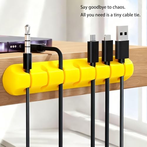 Cable Holder Clips，5 Packs Yellow Cable Management Cord Organizer Clips Silicone Self Adhesive for Desktop USB Charging Cable Nightstand Power Cord Mouse Cable Wire PC Office Home(7-5-3-2-1 Slots)