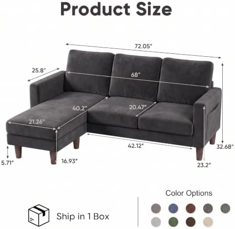 Homall 72" L Shaped Sofa Couches for Small Spaces, Apartment Charcoal Gray