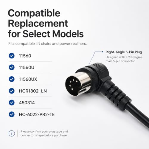 2 Button 5 Pin Remote Replacement Controller for Tranquil Ease 11560, 11560U, 11560UX, HCR1802_LN, 450314, Fit for Inseat, Best Home Furnishings Lift Chairs