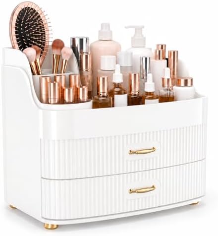 Makeup Organizer for Countertop Vanity Skincare Storage for Perfume Lipstick Bathroom Dresser Desk with Drawers And Brush Holder (White)