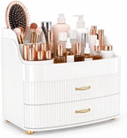 Makeup Organizer for Countertop Vanity Skincare Storage for Perfume Lipstick Bathroom Dresser Desk with Drawers And Brush Holder (White)