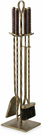 Premium 5-Piece Fireplace Tool Set with Genuine Leather Handles – Antique Brass Finished Wrought Iron – Heavy Duty Hearth Accessories: Poker, Shovel, Brush, Tongs, and Pedestal Stand
