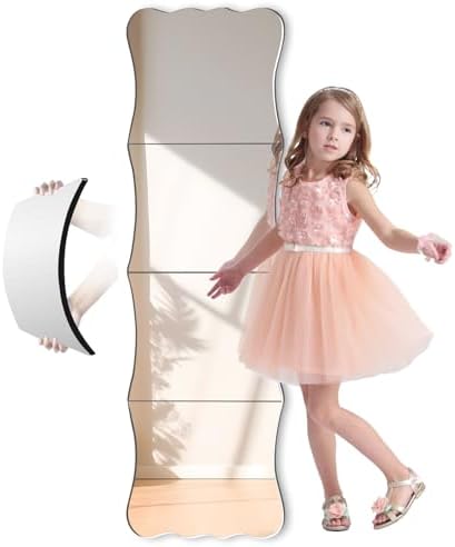 Wavy Shatterproof Full Length Wall Mirror Tiles, 47" x 14" (4 Pack 14" x 12"), Unbreakable Acrylic Safety Body Mirror for Kids, Baby, Toddler, Playroom, Dorm, Door & Gym, Frameless Non-Glass