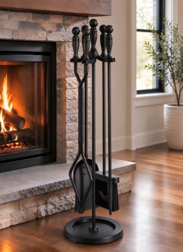 Gtongoko Fireplace Tools Set 5 Pcs 30.5 Inch Black Wrought Iron Large Fire Place Tool Set Indoor/Outdoor Include Poker, Shovel, Brush, Tong and Round Stand, Fireplace Kit Accessories Set