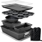 9 PCS Bakeware Sets, Baking Pans for Oven with Wider Grips, Baking Pan Set with Roasting Pan, Baking Pan, Cake Pan, Square Cake Pan, Loaf Pan, 12-Cup Muffin Pan, Cooling Rack and Oven Mitts