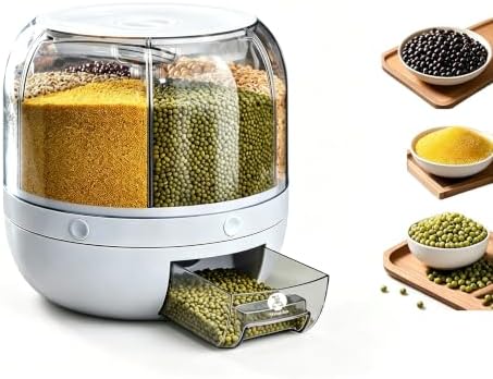 Rotating Grain Storage Bin 6 Grids Rice Container One-Click Output Large Capacity Food Dispenser For Rice Grains Sealed Moisture Proof Organizer (Grey) (Small)