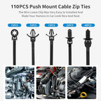 Armpow 110 PCS Automotive Installation Black Push Mount Cable Zip Ties Assorted Sizes, Heavy Duty Self-Locking UV Resistant Wire Ties - For Indoor Wire Bundling, Construction, Automotive