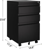 24-Inch Black 3-Drawer Mobile Tool Cabinet, Rolling Cold-Rolled Steel Storage Cart for Garage, Workshop, Office, or Utility Organization, Heavy-Duty Mobile Toolbox with Smooth Casters for Easy Access