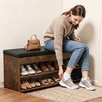 HOMEMORE Shoe Rack for Entryway Shoe Bench with Cushion Solid Wood Shoe Benches with 2 Shelves Shoe Organizer for Hallway Bedroom Living Room Vintage Brown