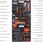 CARTMAN 260-Piece Tool Set With 12V Cordless Drill, Orange Drawer Tool Box