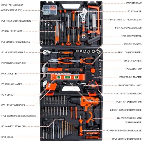 CARTMAN 260-Piece Tool Set With 12V Cordless Drill, Orange Drawer Tool Box