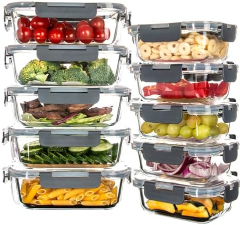 UMEIED 10 Pack Glass Food Storage Containers with Lids for Lunch, On-the-Go, Leftovers, Pantry Organization