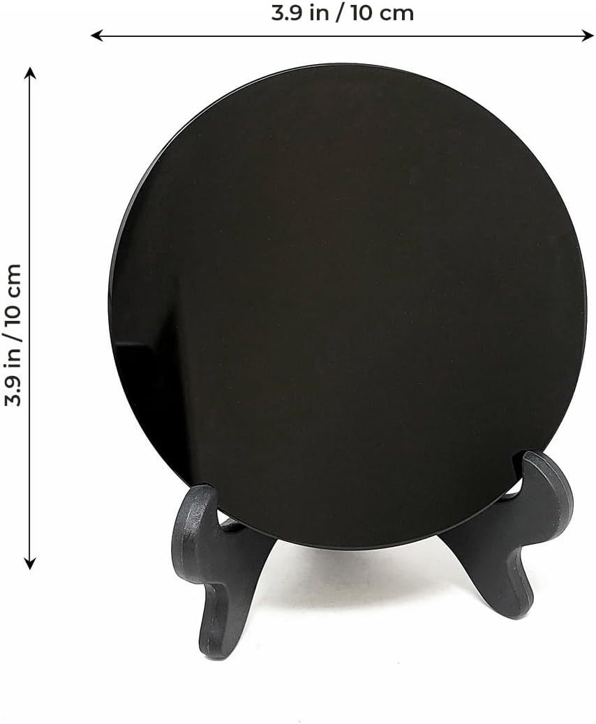 Black Obsidian Scrying Mirror 3.94 in with Wooden Stand, Premium Quality Obsidian Mirror for Meditation, Witchcraft, Divination and Spiritual Practices (100 mm)