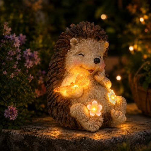 Solar Hedgehog Garden Statue with 4 LED Lights, Outdoor Yard Decor