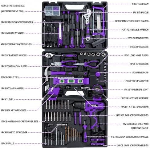 CARTMAN 260-Piece Tool Set With 12V Cordless Drill, Purple Drawer Tool Box
