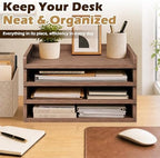 PROLEE 4 Pack Stackable Paper Tray, Wooden Paper Tray Organizer with Letter Tray, Paper Holder for Desk, Desktop File Storage Rack for Study, Home and Office (Walnut)