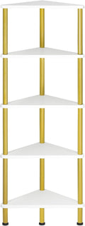 HOOBRO Corner Shelf Stand, Industrial 5-Tier Wall Corner Bookshelf with Metal Frame, Plant Display Shelf, Bookcase for Small Spaces, Bedroom, Living Room, White and Gold DW33CJ01