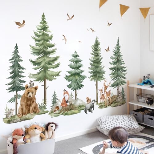 wondever Mountain Tree Wall Decals Forest Animals Bear Deer Wall Stickers