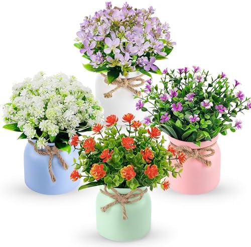 Der Rose 4 Pack Fake Flowers in Pots, Spring Summer Table Home Decor Indoor